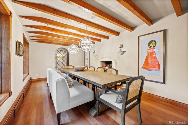 Dining room, Fireplace, Interior, Pendant Lights, Wooden Beams, Wood Texture Flooring