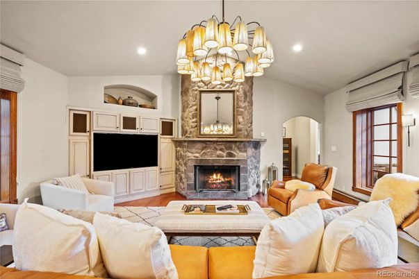 Chandelier, Fireplace, Interior, Living room, Recessed Lighting, Wood Texture Flooring
