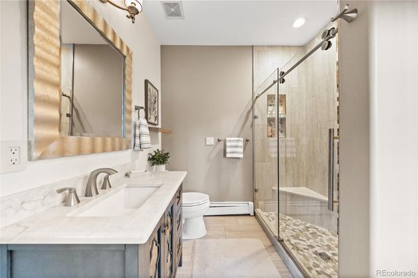 Bathroom, Glass Shower, Interior, Recessed Lighting, Wood Texture Flooring