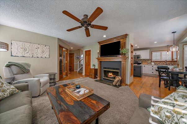 Dining room, Fireplace, Interior, Kitchen, Living room, Pendant Lights, Recessed Lighting, Wood Texture Flooring