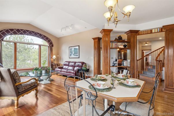 Chandelier, Dining room, Interior, Living room, Recessed Lighting, Wood Texture Flooring