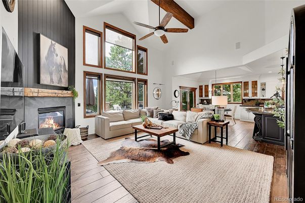 Dining room, Fireplace, Interior, Kitchen, Living room, Pendant Lights, Wooden Beams, Wood Texture Flooring
