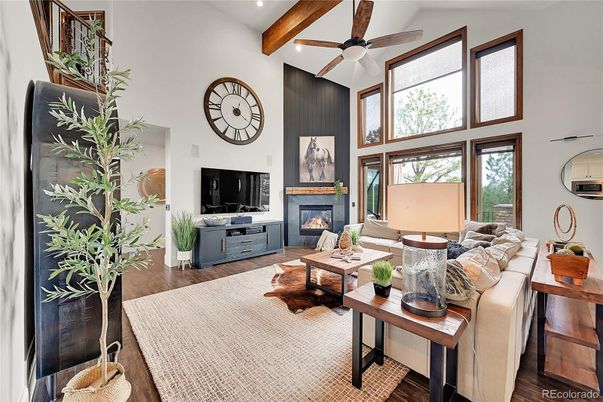 Fireplace, Interior, Living room, Recessed Lighting, Wooden Beams, Wood Texture Flooring