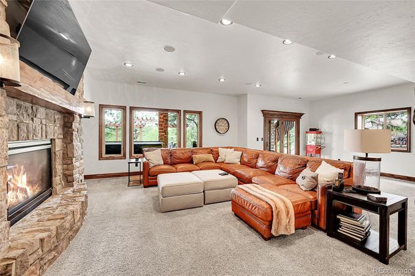 Fireplace, Interior, Living room, Recessed Lighting, Stone Walls