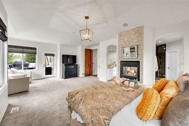 Bedroom, Fireplace, Interior, Living room, Pendant Lights, Stone Walls