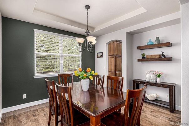 Dining room, Interior, Pendant Lights, Wood Texture Flooring