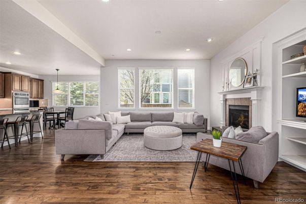 Dining room, Fireplace, Interior, Kitchen, Living room, Pendant Lights, Recessed Lighting, Wood Texture Flooring