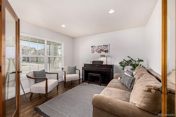 Interior, Living room, Piano, Recessed Lighting, Wood Texture Flooring