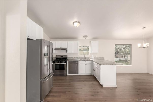 Interior, Kitchen, Pendant Lights, Stainless Steel Appliances, Wood Texture Flooring