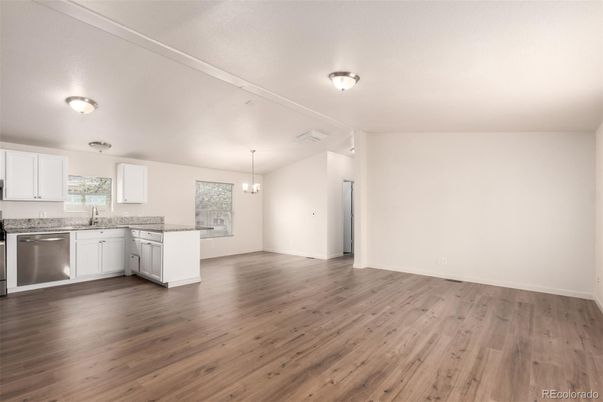 Empty room, Interior, Kitchen, Pendant Lights, Wood Texture Flooring