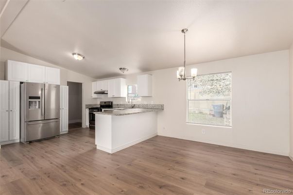 Interior, Kitchen, Pendant Lights, Stainless Steel Appliances, Wood Texture Flooring