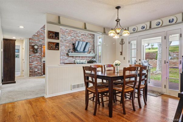 Dining room, Interior, Pendant Lights, Recessed Lighting, Stone Walls, Wood Texture Flooring