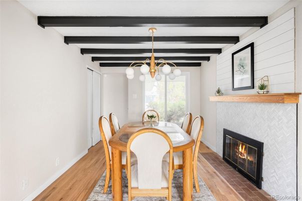 Dining room, Fireplace, Interior, Pendant Lights, Wooden Beams, Wood Texture Flooring