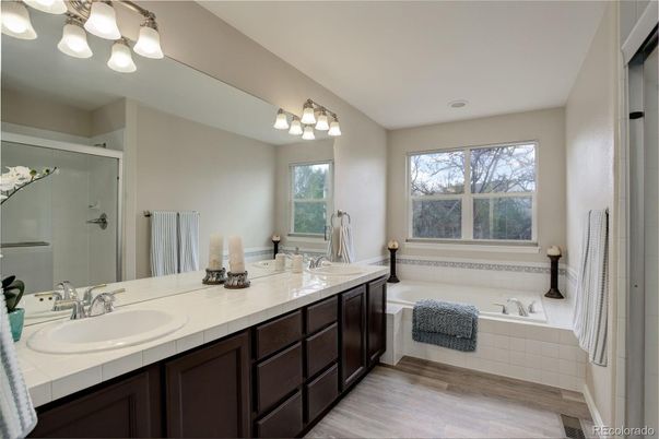 Bathroom, Dual Sink Vanities, Glass Shower, Interior, Tile Countertops, Wood Texture Flooring