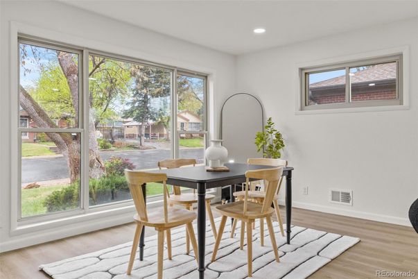 Dining room, Interior, Recessed Lighting, Wood Texture Flooring