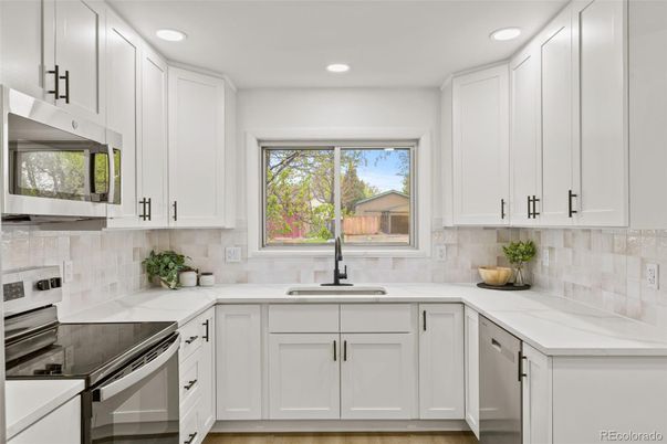 Interior, Kitchen, Recessed Lighting, Stainless Steel Appliances, Wood Texture Flooring