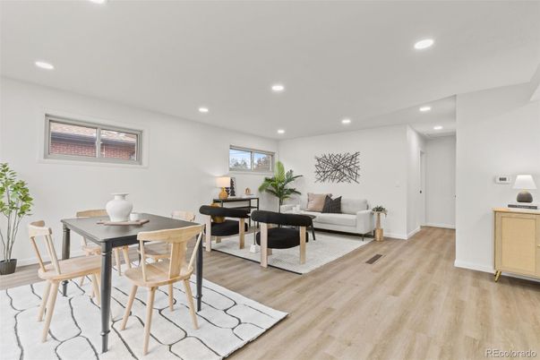 Dining room, Interior, Living room, Recessed Lighting, Wood Texture Flooring