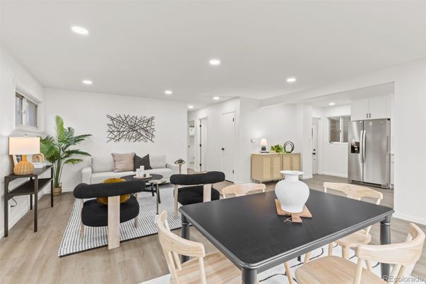 Interior, Kitchen, Living room, Recessed Lighting, Stainless Steel Appliances, Wood Texture Flooring