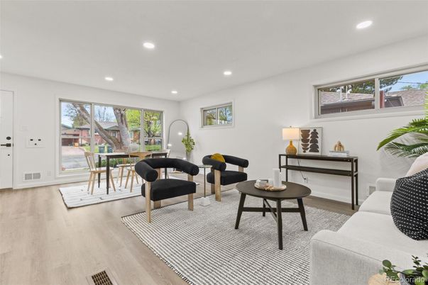Dining room, Interior, Living room, Recessed Lighting, Wood Texture Flooring