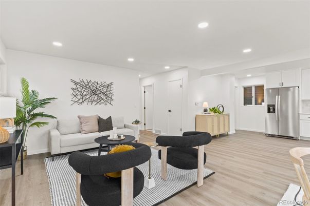 Interior, Kitchen, Living room, Recessed Lighting, Stainless Steel Appliances, Wood Texture Flooring