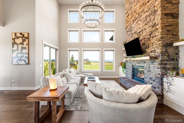 Fireplace, Interior, Living room, Pendant Lights, Stone Walls, Wood Texture Flooring