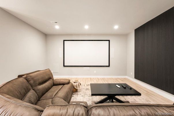 Interior, Projection Screen, Recessed Lighting, Wood Texture Flooring