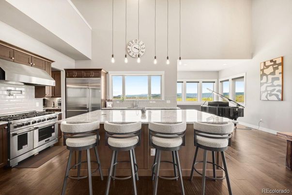 Interior, Kitchen, Pendant Lights, Piano, Stainless Steel Appliances, Water, Wood Texture Flooring