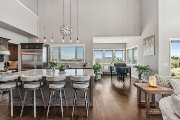Interior, Kitchen, Pendant Lights, Piano, Recessed Lighting, Stainless Steel Appliances, Wood Texture Flooring