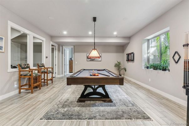 Billiard Table, Game Room, Interior, Pendant Lights, Recessed Lighting, Wood Texture Flooring