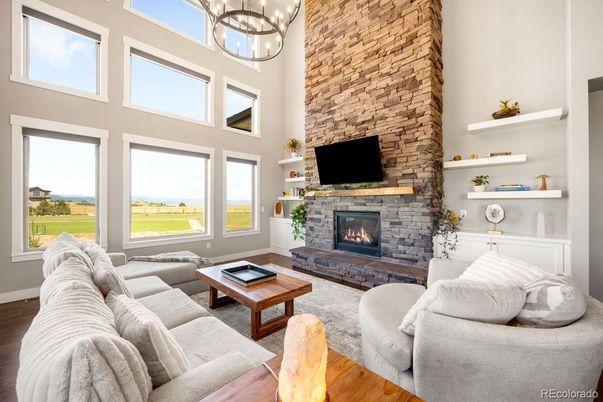 Fireplace, Interior, Living room, Pendant Lights, Stone Walls, Wood Texture Flooring