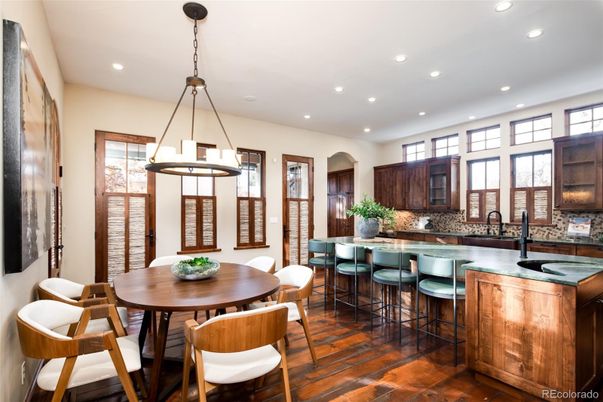 Dining room, Interior, Kitchen, Pendant Lights, Recessed Lighting, Wood Texture Flooring