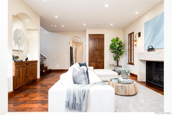 Fireplace, Interior, Living room, Recessed Lighting, Wood Texture Flooring