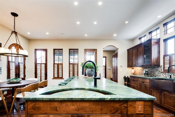 Dining room, Interior, Kitchen, Pendant Lights, Recessed Lighting, Wood Texture Flooring