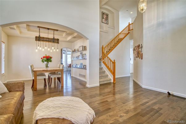 Dining room, Interior, Pendant Lights, Recessed Lighting, Wood Texture Flooring