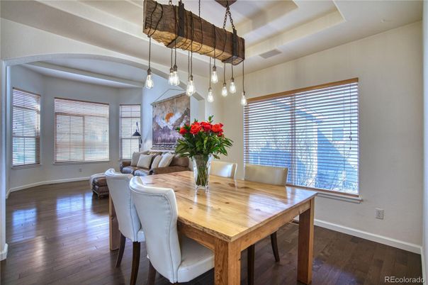 Dining room, Interior, Pendant Lights, Wood Texture Flooring