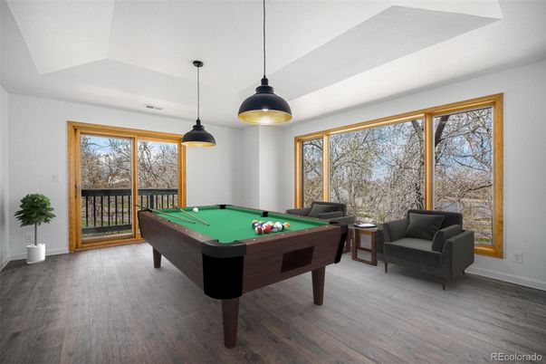 Billiard Table, Game Room, Interior, Pendant Lights, Wood Texture Flooring
