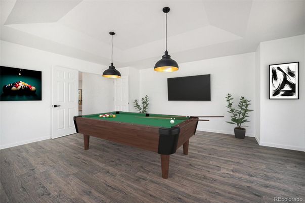 Billiard Table, Game Room, Interior, Pendant Lights, Wood Texture Flooring