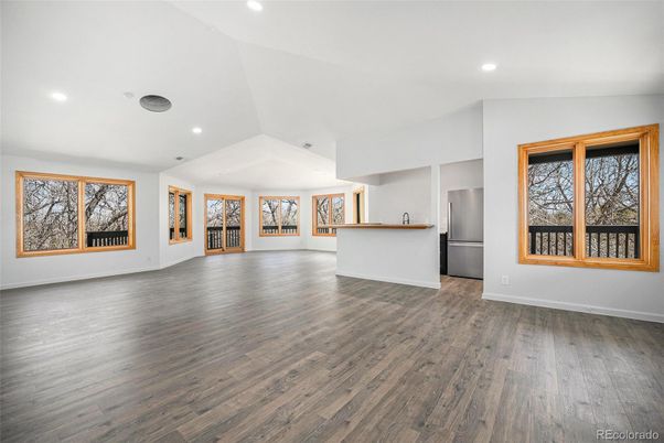 Empty room, Interior, Kitchen, Recessed Lighting, Wood Texture Flooring