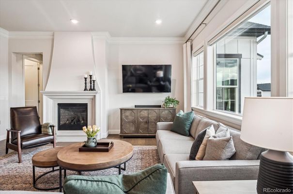 Fireplace, Interior, Living room, Recessed Lighting, Wood Texture Flooring