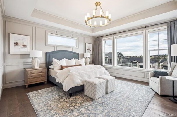 Bedroom, Chandelier, Interior, Pendant Lights, Wood Texture Flooring