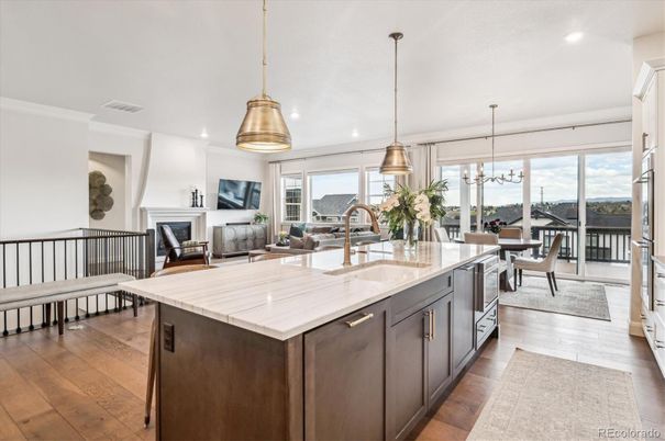 Dining room, Fireplace, Interior, Kitchen, Living room, Pendant Lights, Recessed Lighting, Stainless Steel Appliances, Wood Texture Flooring