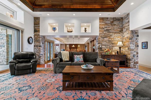 Interior, Kitchen, Living room, Pendant Lights, Recessed Lighting, Stone Walls, Wooden Ceilings, Wood Texture Flooring