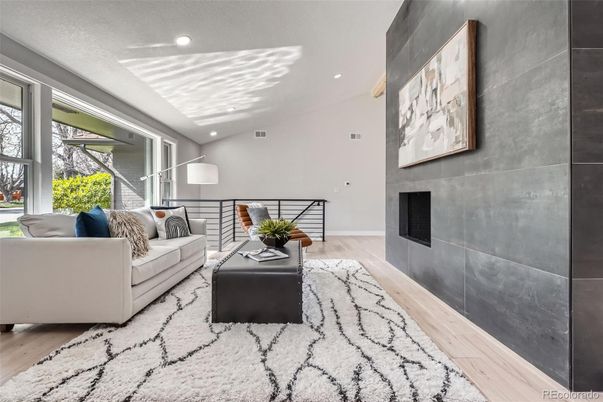 Fireplace, Interior, Living room, Recessed Lighting, Wood Texture Flooring