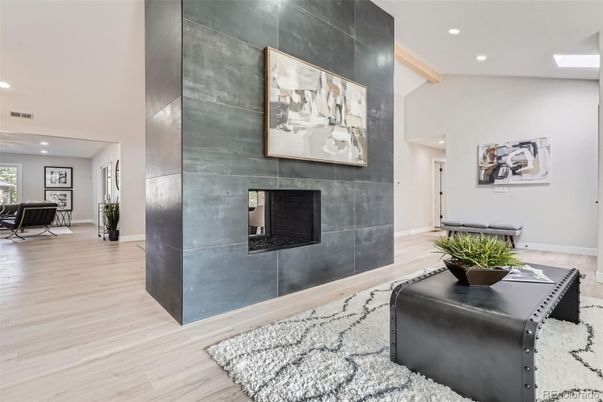 Fireplace, Interior, Recessed Lighting, Wood Texture Flooring