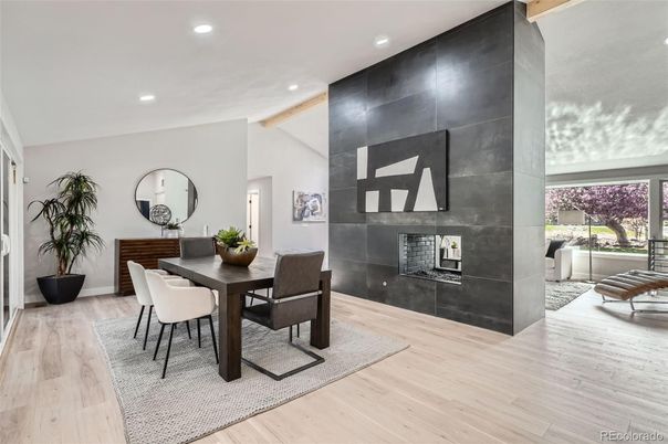 Dining room, Fireplace, Interior, Recessed Lighting, Wooden Beams, Wood Texture Flooring