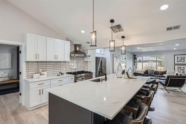 Interior, Kitchen, Living room, Pendant Lights, Recessed Lighting, Stainless Steel Appliances, Wood Texture Flooring