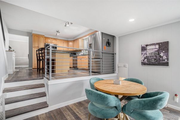 Dining room, Interior, Kitchen, Recessed Lighting, Stainless Steel Appliances, Wood Texture Flooring