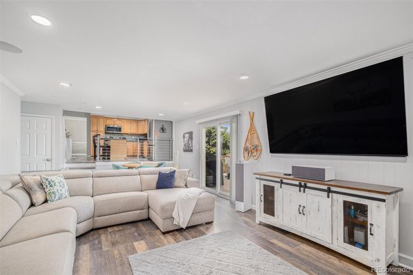 Interior, Kitchen, Living room, Recessed Lighting, Stainless Steel Appliances, Wood Texture Flooring
