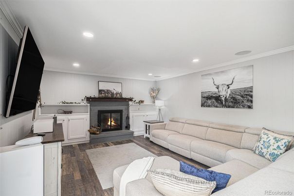 Fireplace, Interior, Living room, Recessed Lighting, Wood Texture Flooring