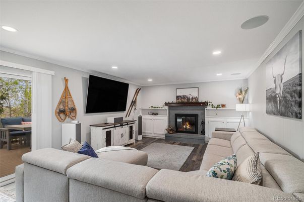 Fireplace, Interior, Living room, Recessed Lighting, Wood Texture Flooring